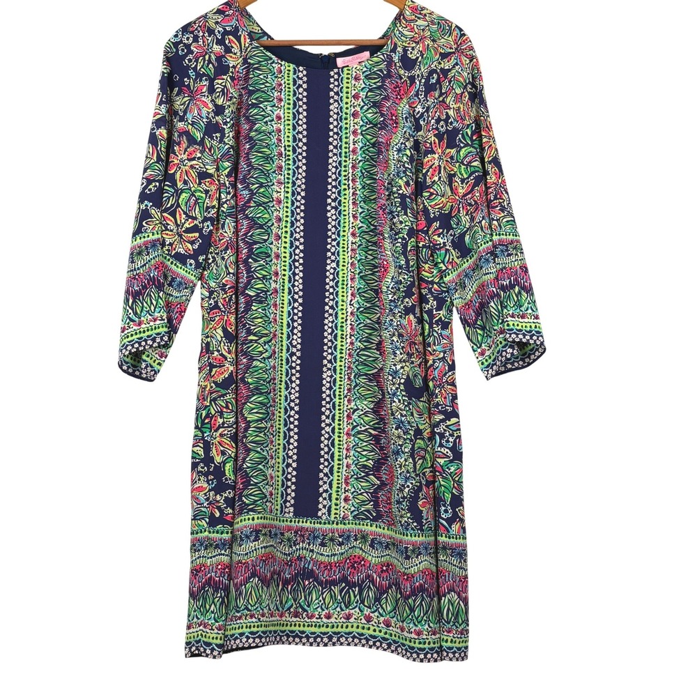 Lilly Pulitzer Women 100% Silk 3/4 Sleeve Shift Dress 12 Resort  CocktailParty